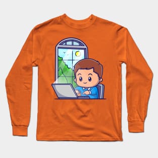 Cute Boy Working On Lapop Cartoon Long Sleeve T-Shirt